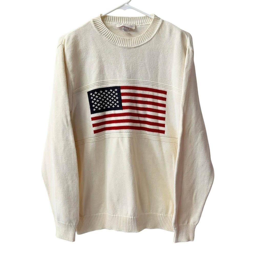Andrew Rohan Sweater Women XL Cream American Flag Cotton Knit Union Made USA
